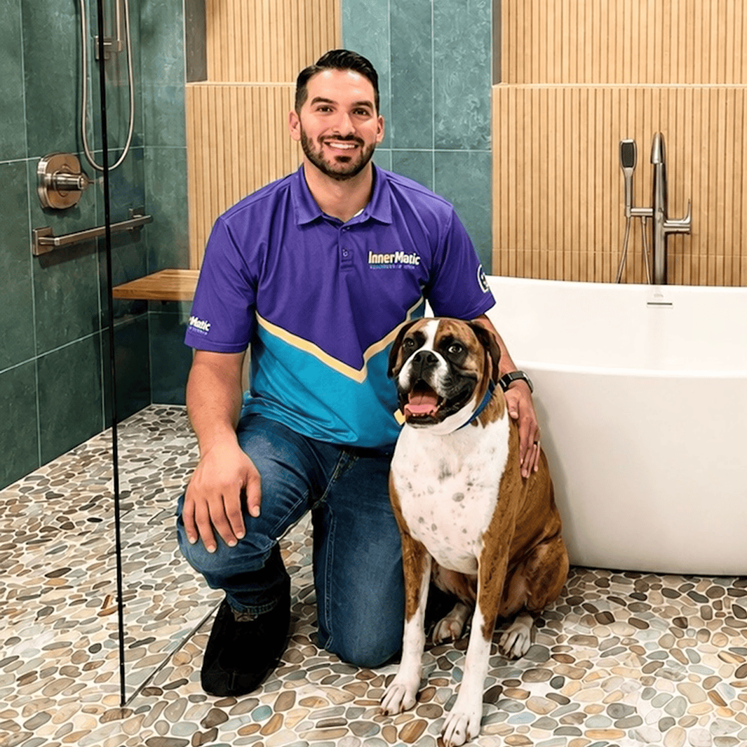 Man with dog at InnerMagic facility, showcasing pet-friendly services.